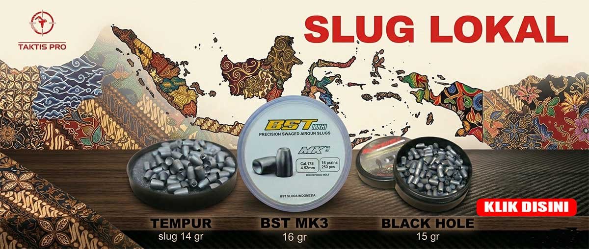 Banner kategori Slug Lokal Taktis Pro menampilkan peta batik Indonesia dan koleksi amunisi merk Tempur, BST MK3, serta Black Hole